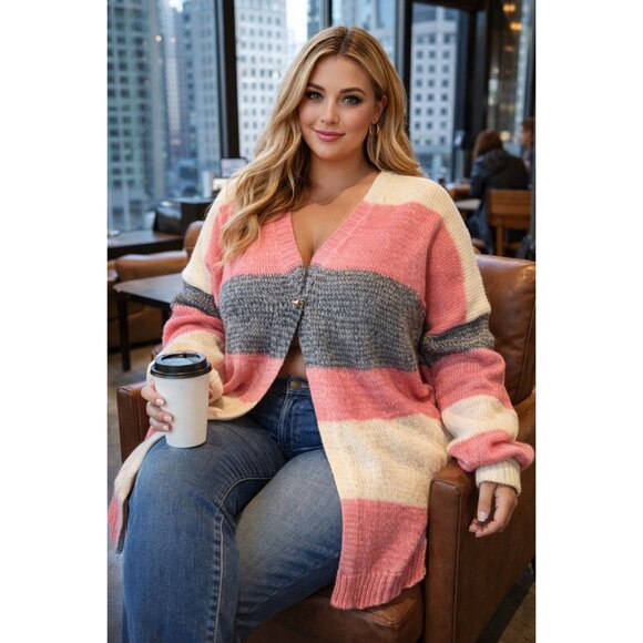 Sweaters - Striped Colorblock 5XL Pink Cream Gray Cardigan Sweater Striped Open Tight Knit